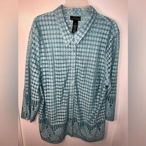 Alfred Dunner,24W, Womens teal sheer, geometric and floral design tunic blouse